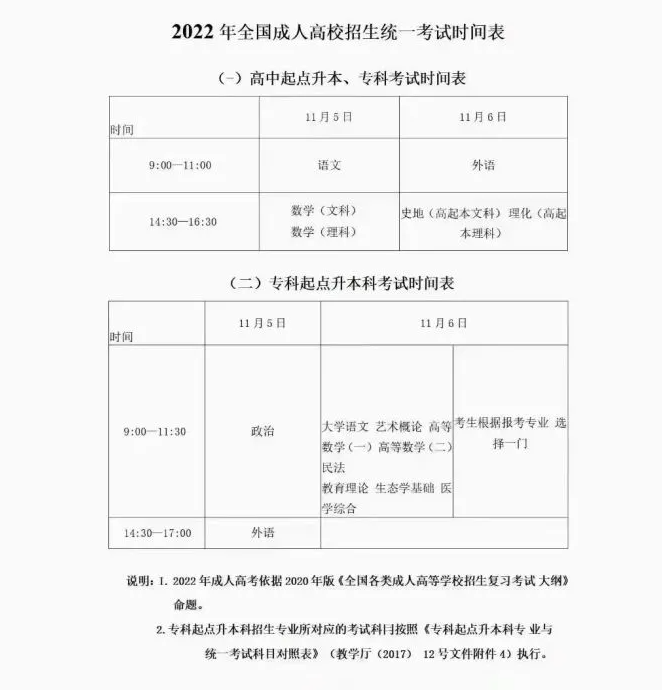 威海成人高考考試時間